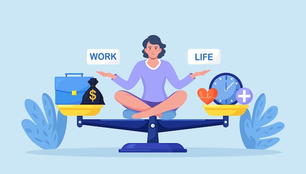 Life and work balance on scales Woman keep harmony choose between career and money versus health and time leisure or business Comparison stress and healthy life family love versus job