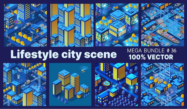 Lifestyle set city people background 3D illustration future neon