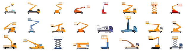 Lift platform basket icons set Construction platforms set with hydraulic lifting mechanisms for high altitude work