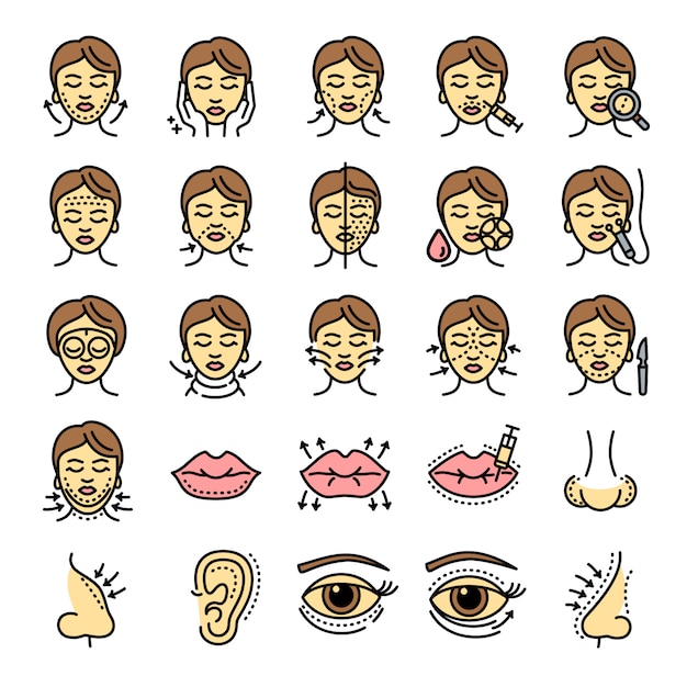 Lifting facial icons set, outline style