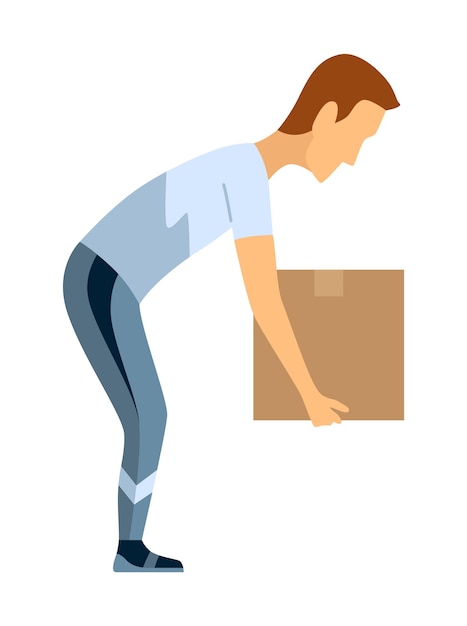 Lifting technique safe movement Safety Incorrect instruction for moving heavy packages for workers Ergonomic movement for loading objects vector flat illustration