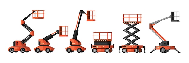 Lifting vehicles industrial mashine with lifting platforms for builders telescopic and hydraulic cars Vector cartoon illustrations