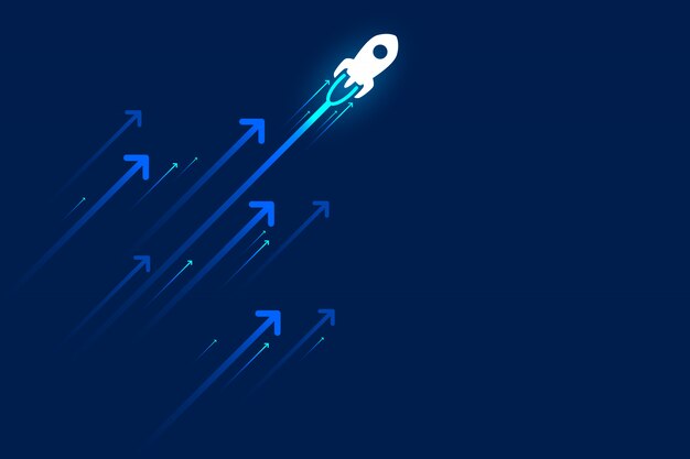 Vector light arrow up rocket circuit on dark blue background with copy space copy illustration, business growth concept.