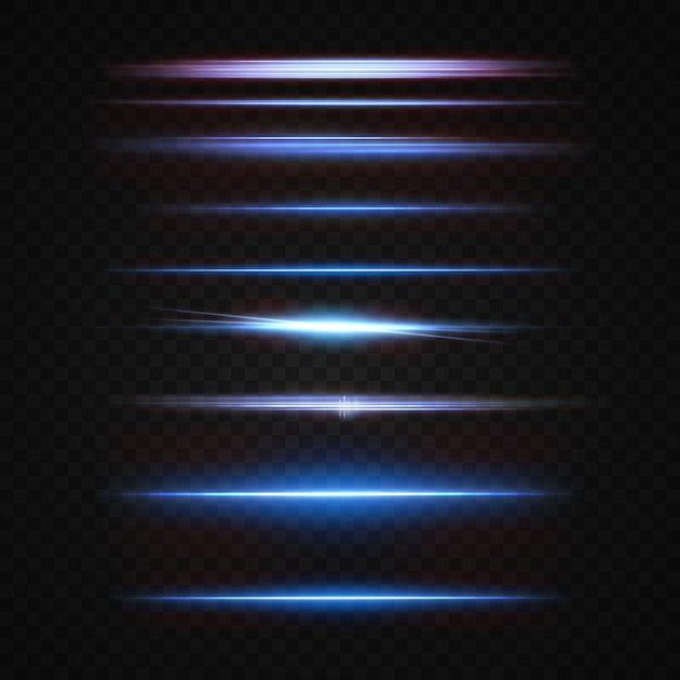 Light beams of light in neon and blue Illuminated horizontal neon laser