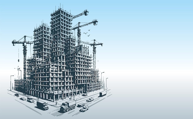 light blue background with a pattern of a multistory skyscraper under construction in vector style