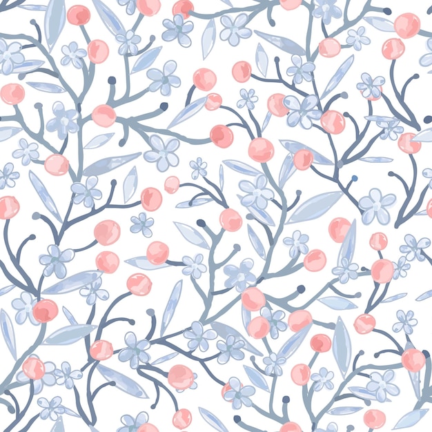 Light blue and red  flower with leaf seamless pattern.