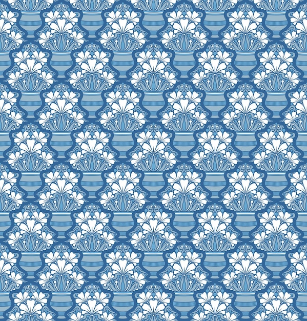 LIGHT BLUE SEAMLESS VECTOR BACKGROUND IN ART NOUVEAU STYLE WITH A BOUQUET OF WHITE FLOWERS