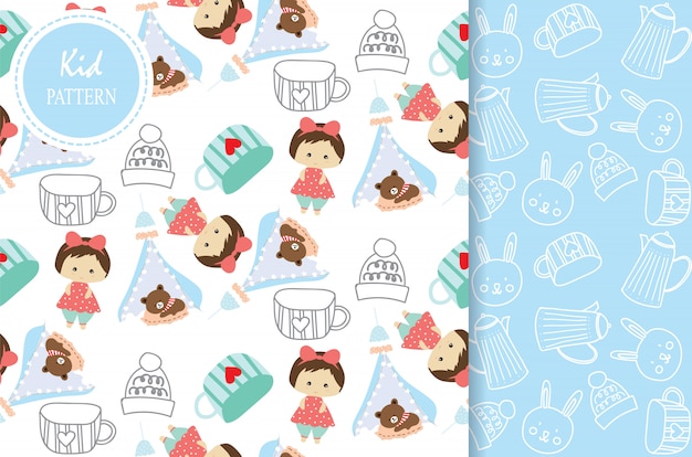 Light blue white seamless pattern with bear girl and cup