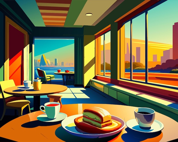 a light breakfast snack in the museum of modern art cafe in new york as a pop art painting by roy