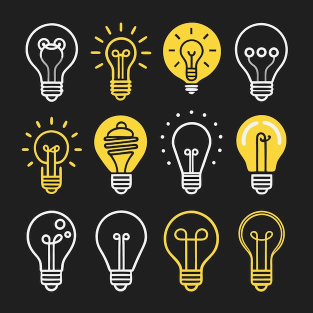 Vector light bulb icons shining ideas in yellow and white