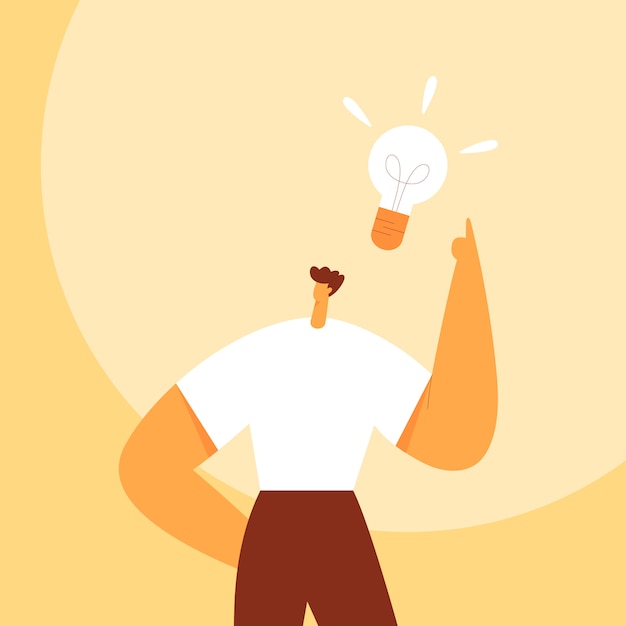 Light bulb over the man head. Business concept of creating new good ideas or thoughts. Cartoon male character, businessman. Flat   illustration.