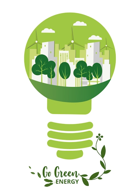 Light bulb with green eco city Save energy Go green illustration