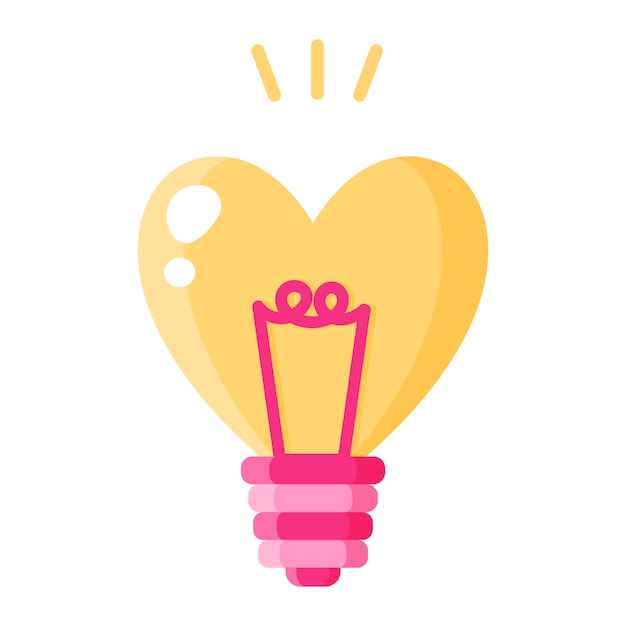 Light bulb with a heart shape. Wedding and valentine day concept. Vector cartoon isolated illustration.