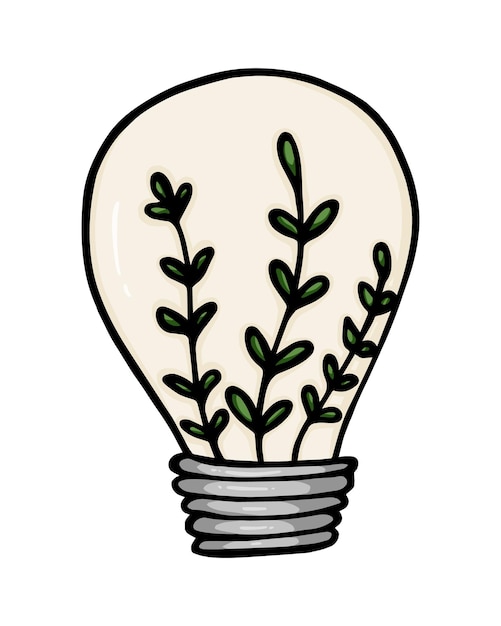 Vector light bulb with plant inside doodle linear cartoon