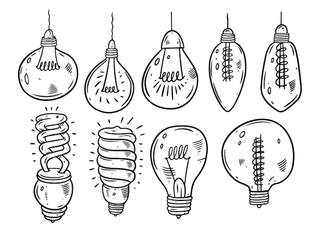 Light bulbs hand draw doodle set. Cartoon style.