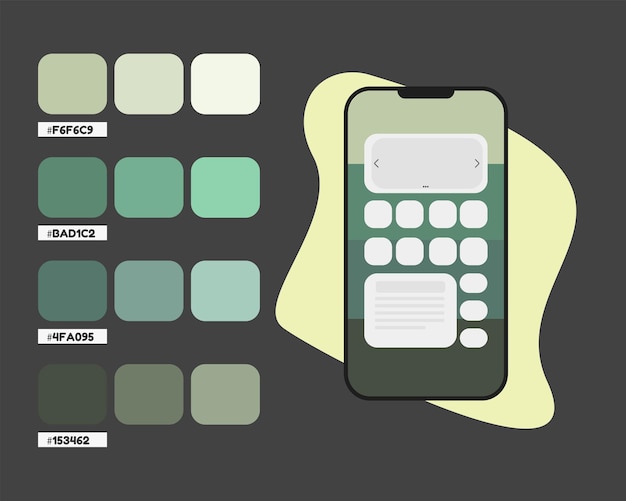 Light dark green mobile app color palette, color codes for mobile application, cold colors catalog