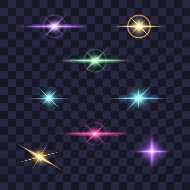 Light effect collection, star shining different colors on transparent.