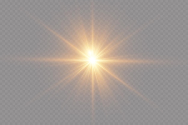 Light effect. Golden bright star, yellow sun. Starlight.