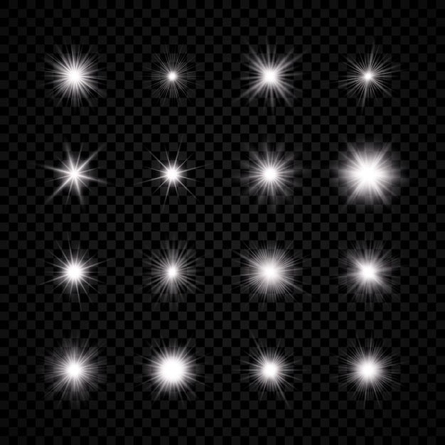 Light effect of lens flare. Set of sixteen white glowing light explodes with starburst effects and sparkles on a transparent background. Vector illustration