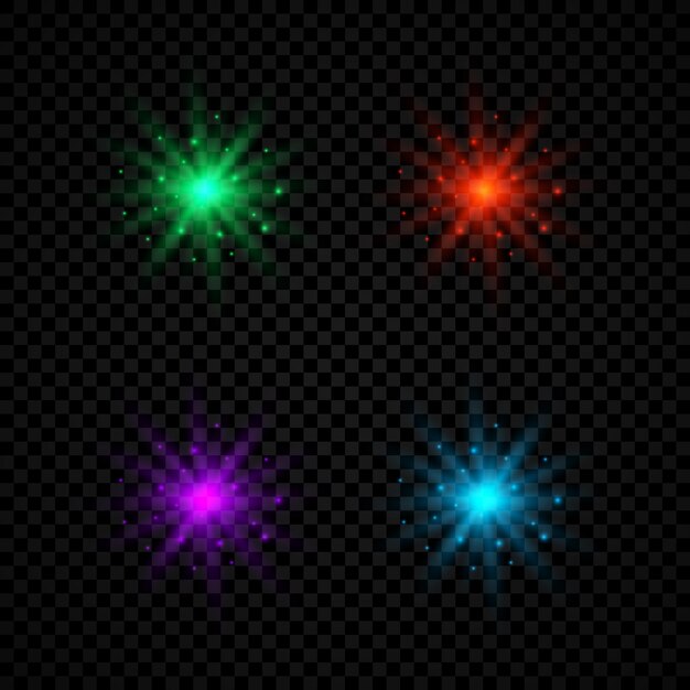 Light effect of lens flares Set of four green red purple and blue glowing lights starburst effects with sparkles on a dark transparent background Vector illustration