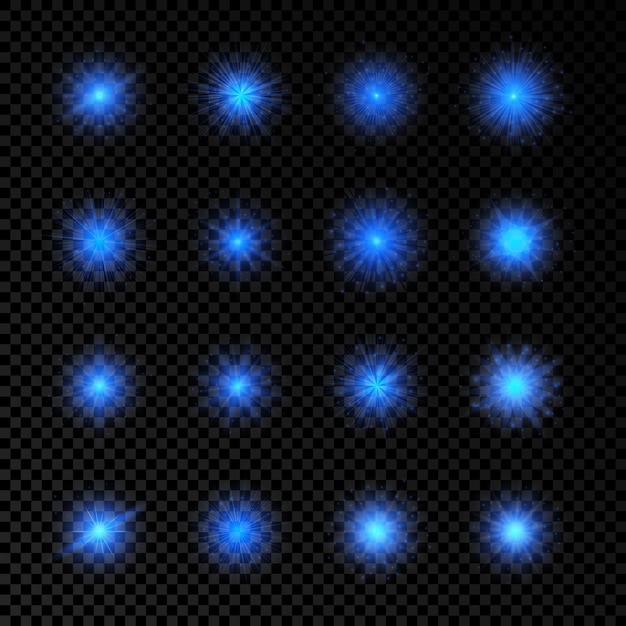 Light effect of lens flares. Set of sixteen blue glowing lights starburst effects with sparkles on a transparent background. Vector illustration