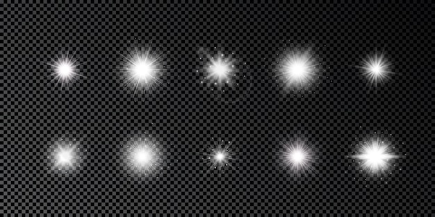 Light effect of lens flares. Set of ten white glowing lights starburst effects with sparkles on a dark transparent background. Vector illustration