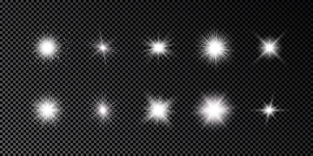 Light effect of lens flares. Set of ten white glowing lights starburst effects with sparkles on a dark transparent background. Vector illustration