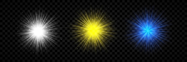 Vector light effect of lens flares. set of three white, yellow and blue glowing lights starburst effects with sparkles on a transparent background. vector illustration