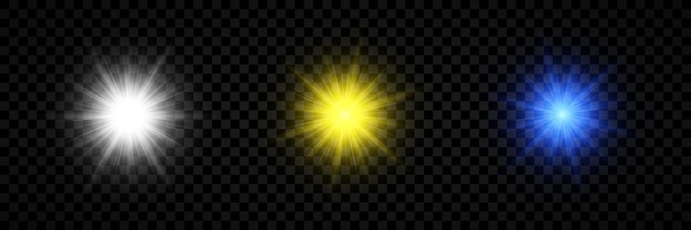 Light effect of lens flares Set of three white yellow and blue glowing lights starburst effects with sparkles on a transparent background Vector illustration