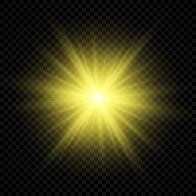 Light effect of lens flares. Yellow glowing lights starburst effects with sparkles on a transparent background. Vector illustration