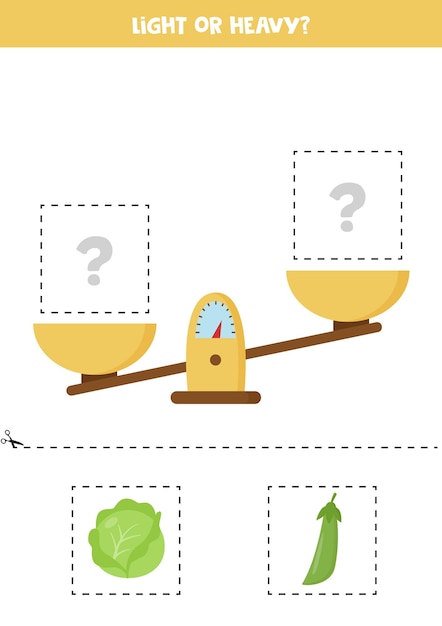 Light or heavy. Educational worksheet with scales. Introduction of weigh for kids.