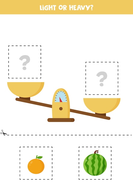 Light or heavy. Educational worksheet with scales. Introduction of weigh for kids.