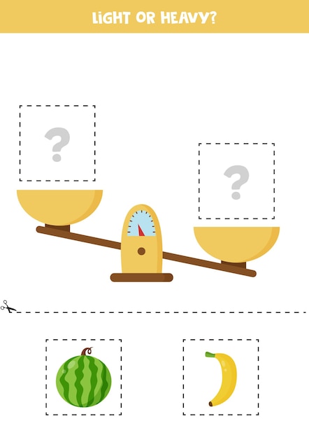 Light or heavy. Educational worksheet with scales. Introduction of weight for kids.