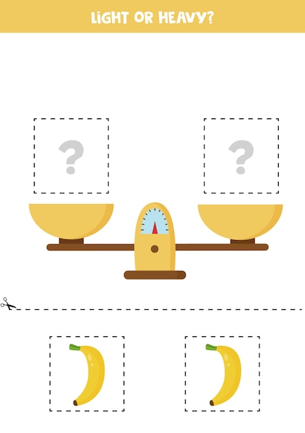 Light, heavy or equal. Educational worksheet with scales. Introduction of weight for kids.