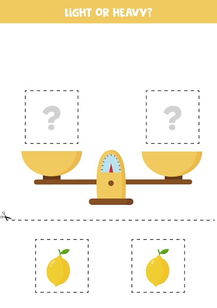 Light, heavy or equal. Educational worksheet with scales. Introduction of weight for kids.