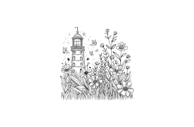 Light house and flower logo engraving style illustrations