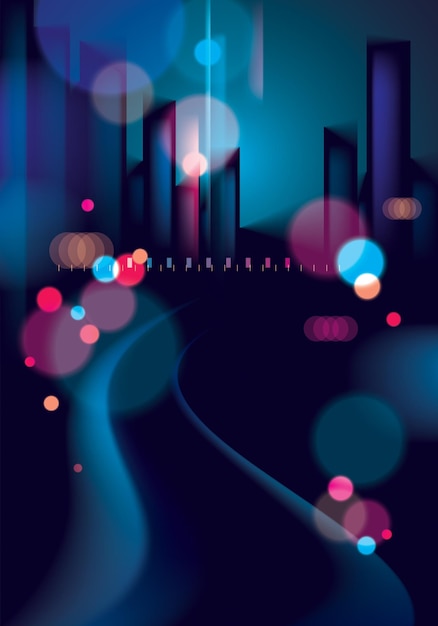 Vector light night at city, bokeh abstract background blurred lights. effect vector beautiful background. blur colorful dark background with cityscape, buildings silhouettes skyline.