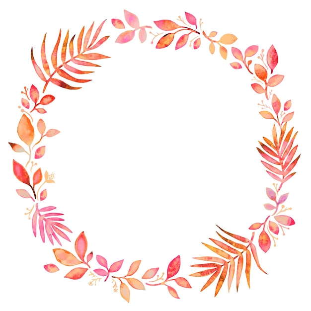 Light orange wreath of leaves painted with a brush and watercolor on a white background