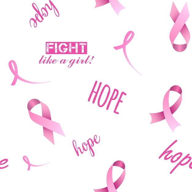 Light Pink Seamless Pattern with ribbon hope and lettering For Breast Cancer Awareness Month campaign backgrounds Fight like a girl hope and pink ribbon Vector illustration