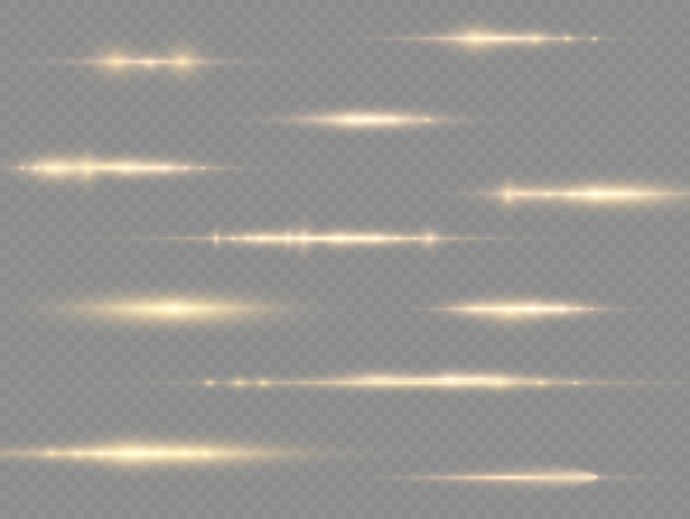 Light rays flash golden horizontal lens flares pack laser beams glow yellow line beautiful flare