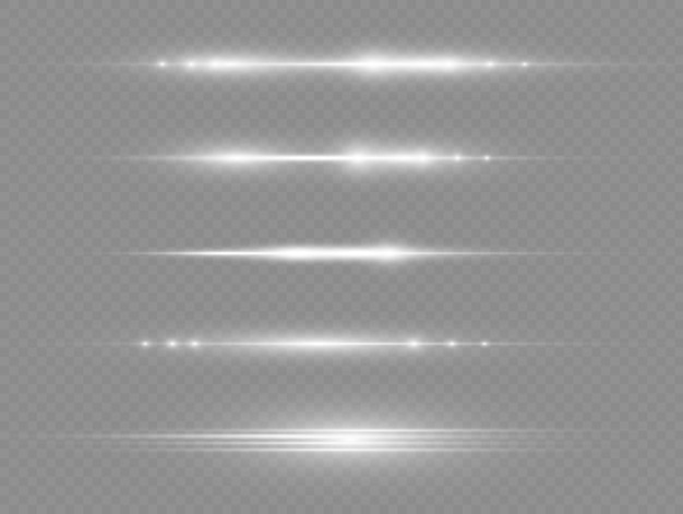 Light rays flash white horizontal lens flares pack laser beams glow white line beautiful flare