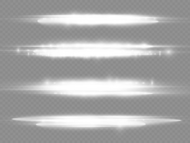 Light rays flash white horizontal lens flares pack laser beams glow white line beautiful flare