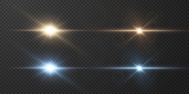 Light rays of light horizontal golden and blue color with glare and flashes isolated on a transparent background