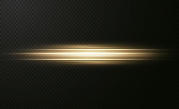 light rays of light horizontal golden color  glare and flashes isolated on a transparent background