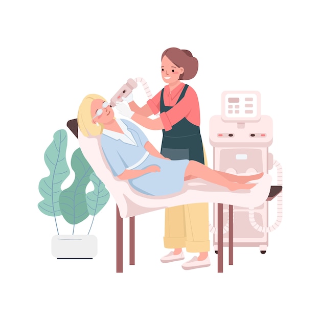 Vector light skin therapy flat color detailed characters. facial treatment procedures. beauty salon worker and customer isolated cartoon illustration for web graphic design and animation