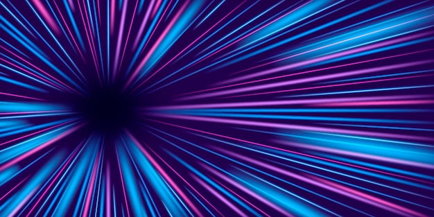 Vector light speed blue rays perspective tunnel with neon radial traces motion effect and abstract bright