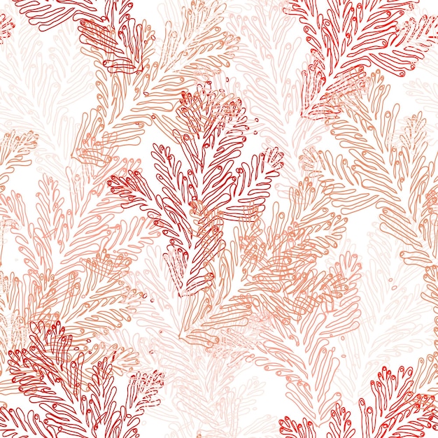 Light underwater seamless pattern with contours of sea corals in calming coral tones on white