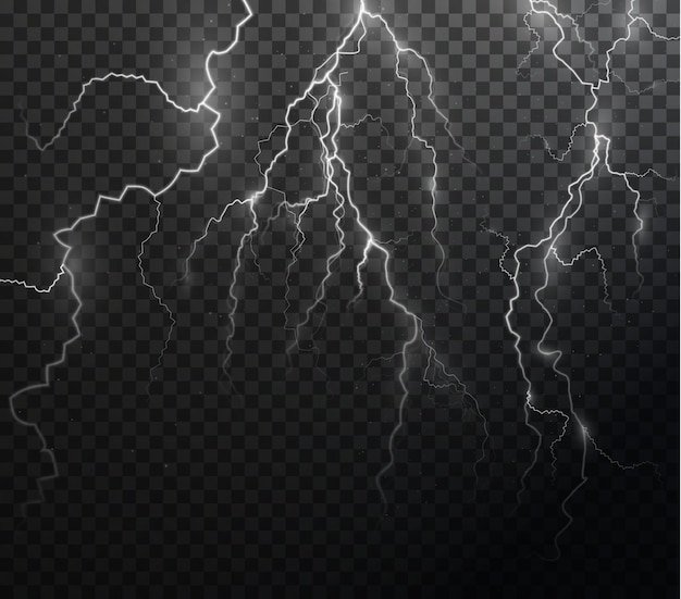 Light white isolated vector lightning png. Magic light abstract lines. Realistic natural lightning.