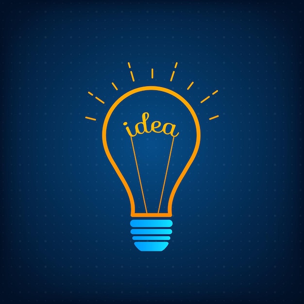 Lightbulb creative idea and brainstorm concept vector illustration. Innovation think process graphic with orange outline and blue silhouette bulb with light, word Idea and technology background