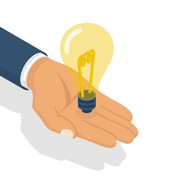 Lightbulb in hand isometric design Business idea concept solution innovative technology Creative idea icon yellow light Vector flat style Electric lamp in hand Invention eureka